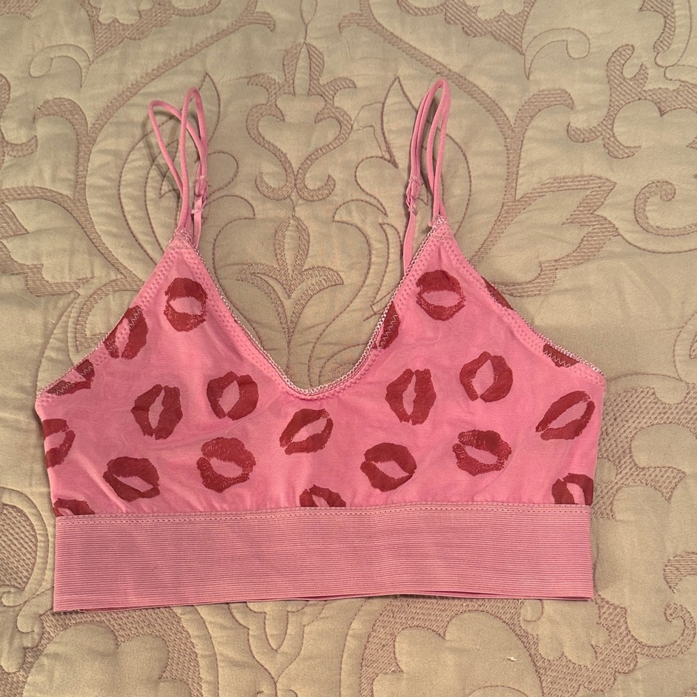 Out From Under Pink Bralette with Red Lip Print